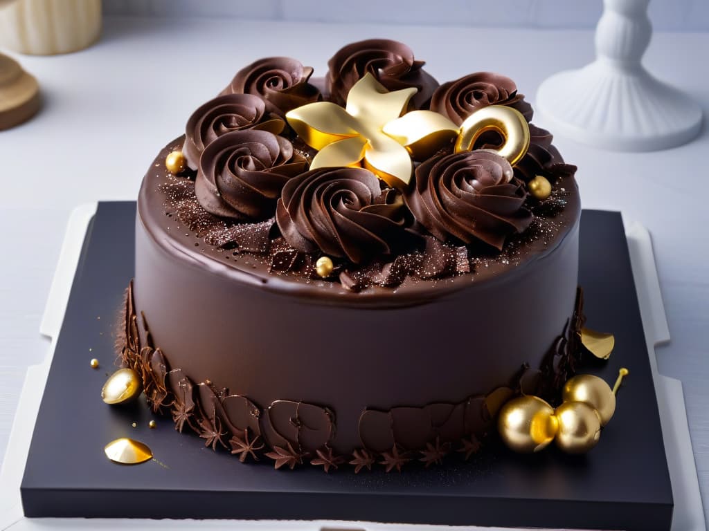  An ultradetailed closeup image of a decadent chocolate cake topped with glossy ganache, delicate chocolate curls, and a dusting of gold flakes. The cake sits on a sleek, modern white plate, set against a simple, elegant black backdrop to highlight its intricate details and luxurious presentation. The lighting is soft and focused, enhancing the richness and texture of the dessert, making it a visually enticing focal point for showcasing the art of dessert merchandising. hyperrealistic, full body, detailed clothing, highly detailed, cinematic lighting, stunningly beautiful, intricate, sharp focus, f/1. 8, 85mm, (centered image composition), (professionally color graded), ((bright soft diffused light)), volumetric fog, trending on instagram, trending on tumblr, HDR 4K, 8K