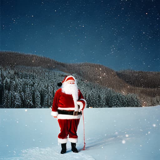 analog style Santa Claus flying with his sack of presents and reindeer, snowy night, magical sleigh ride, joyful expressions, rosy cheeks, chubby Santa, red velvet suit, fluffy white beard, twinkling eyes, round glasses, reindeer with majestic antlers, flying effortlessly, snowy landscape below, starry sky, shimmering moonlight