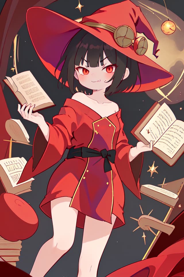   , , short hair, wearing red robe, opening a magic book, wearing a witch hat, smug face, a leg