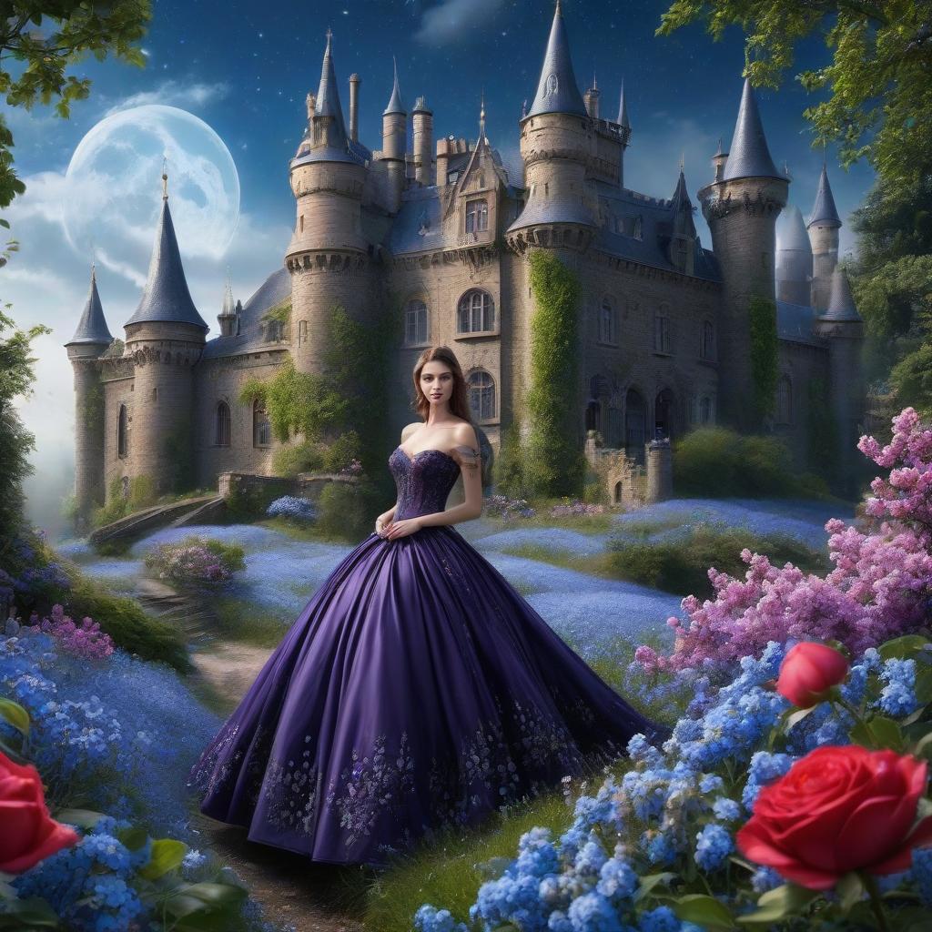  Gothic castle. Flying saucer. Space, fantasy. Purple, blue, silver colors. Moon. The girl in the gold dress. A very pretty girl. Garden of Eden. Rain. Fairy tale blue eyed eagle. Fairy tale blue eyed eagle. ((Sparkling rim)): spring field, hyacinths, roses, rosehips, rose hips, peonies, cherry tree, yellow, red, black flowers, forget me nots. Clear eyes hyperrealistic, full body, detailed clothing, highly detailed, cinematic lighting, stunningly beautiful, intricate, sharp focus, f/1. 8, 85mm, (centered image composition), (professionally color graded), ((bright soft diffused light)), volumetric fog, trending on instagram, trending on tumblr, HDR 4K, 8K