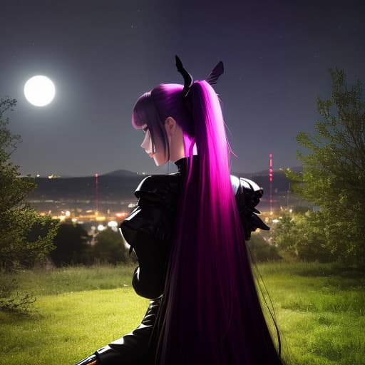  Insanely Detailed, Photorealistic back shot of a beautiful punkangel sitting on a crescent moon, night, purple and black punk clothes, large black wings, long pigtails, haunting, blurry background, angsty, professional photography, dynamic lighting, intricate details, 16k resolution, beautifully shot, hyperrealistic, clean sharp focus, bokeh, perfect composition, high contrast, bright colors, bold colors, film grain, Girl, solo, nighttime, creepy night, anarchy atmosphere, evil smile, parted lips, very long hair, beautiful eyes, moon, moonlight, moonlit, forest, tree, shadows, dark, darkness, masterpiece, ultra-high realistic, ultra-high detailed, illustration, sharp focus, power line, female focus, illustration, extremely detailed illust