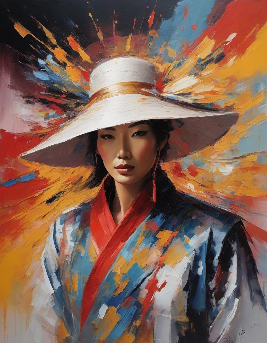  abstract expressionist painting A realistic image of an China,,put on a hat, that is natural, bright, realistic, big s., depth of field, god rays, multiple views, modern, UHD, textured skin, high details, best quality, anatomically correct,,,,3d,,8k,, . energetic brushwork, bold colors, abstract forms, expressive, emotional hyperrealistic, full body, detailed clothing, highly detailed, cinematic lighting, stunningly beautiful, intricate, sharp focus, f/1. 8, 85mm, (centered image composition), (professionally color graded), ((bright soft diffused light)), volumetric fog, trending on instagram, trending on tumblr, HDR 4K, 8K