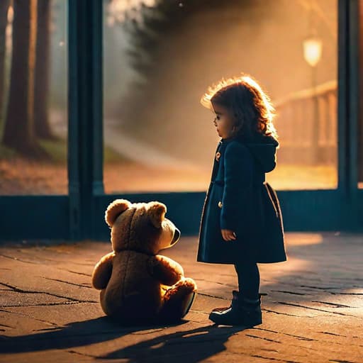  teddy bear talking to a little child hyperrealistic, full body, detailed clothing, highly detailed, cinematic lighting, stunningly beautiful, intricate, sharp focus, f/1. 8, 85mm, (centered image composition), (professionally color graded), ((bright soft diffused light)), volumetric fog, trending on instagram, trending on tumblr, HDR 4K, 8K