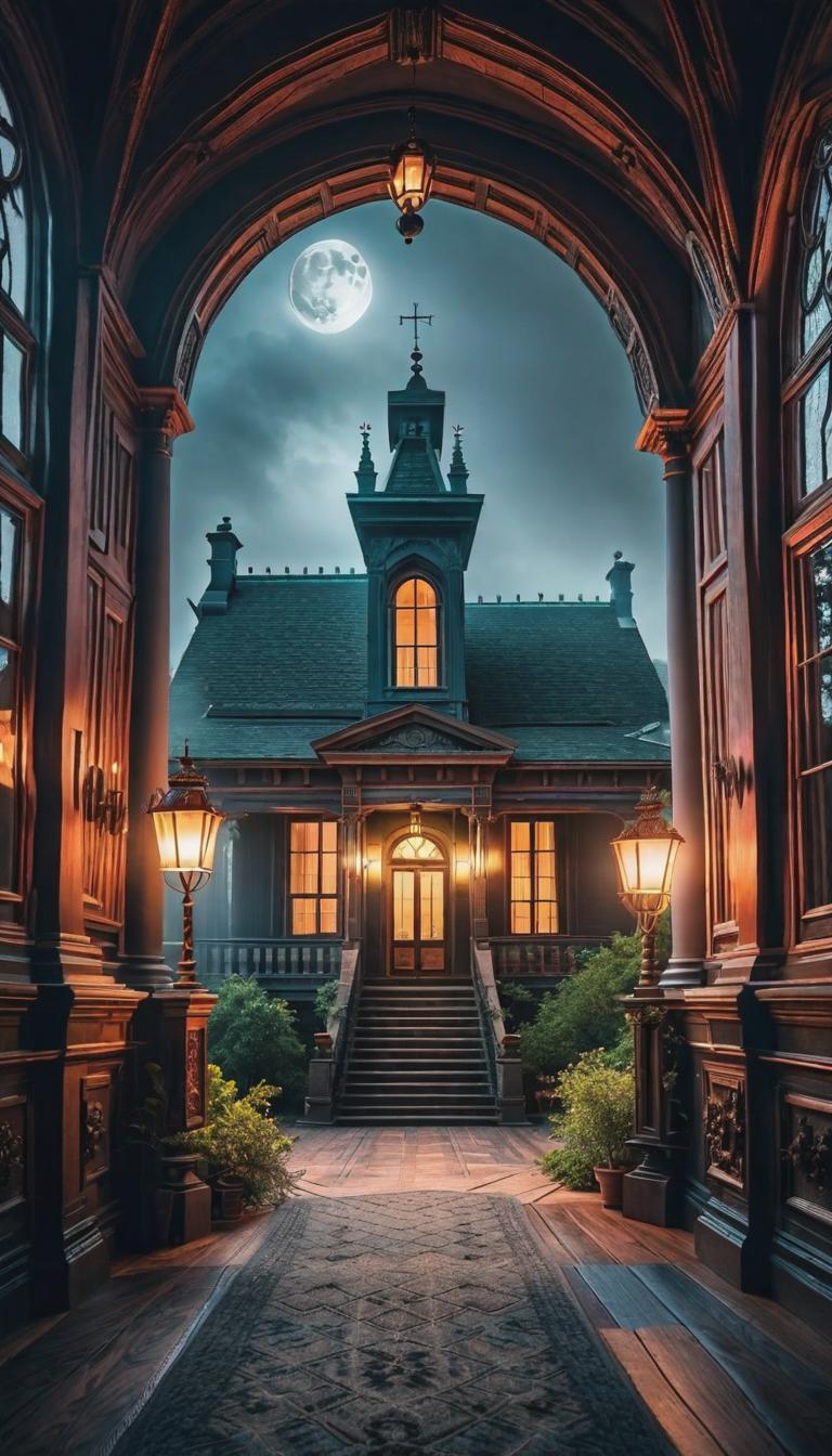  gothic style depiction of a haunted mansion. Dark, mysterious, haunting, dramatic, ornate, detailed. . dark, mysterious, haunting, dramatic, ornate, detailed, hyperrealistic, full body, detailed clothing, highly detailed, cinematic lighting, stunningly beautiful, intricate, sharp focus, f/1. 8, 85mm, (centered image composition), (professionally color graded), ((bright soft diffused light)), volumetric fog, trending on instagram, trending on tumblr, HDR 4K, 8K