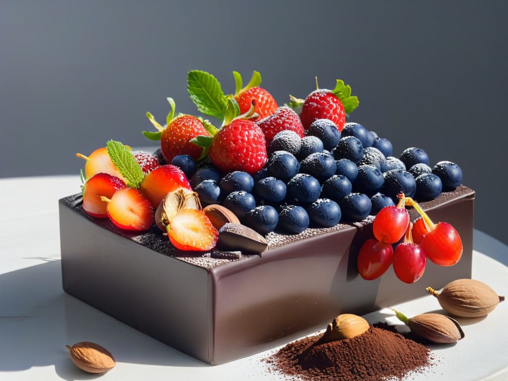  An ultradetailed image of a sleek, modern kitchen countertop adorned with a variety of colorful ingredients like fresh berries, nuts, dark chocolate, and a small container of ashwagandha powder. Sunlight gently streams in, casting soft shadows and creating a warm, inviting atmosphere. The arrangement is artfully composed, showcasing the vibrant colors and textures of the ingredients, with a focus on the ashwagandha container as the central element, symbolizing the integration of this adaptogen into healthy dessert recipes. hyperrealistic, full body, detailed clothing, highly detailed, cinematic lighting, stunningly beautiful, intricate, sharp focus, f/1. 8, 85mm, (centered image composition), (professionally color graded), ((bright soft diffused light)), volumetric fog, trending on instagram, trending on tumblr, HDR 4K, 8K