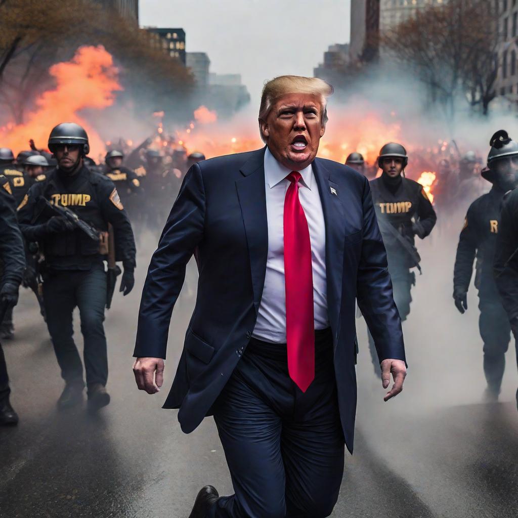  Very Realistic Donald Trump running away from angry protestors trying to harm him hyperrealistic, full body, detailed clothing, highly detailed, cinematic lighting, stunningly beautiful, intricate, sharp focus, f/1. 8, 85mm, (centered image composition), (professionally color graded), ((bright soft diffused light)), volumetric fog, trending on instagram, trending on tumblr, HDR 4K, 8K