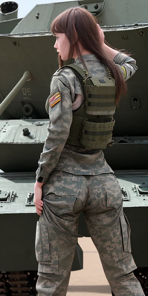  military-girl, takes off her pants, with her back, her back, near the tank