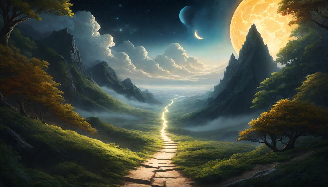  digital illustration, Two paths diverge, swathed in light and shadow. Solemn decision, celestial guidance overhead, a protective glow surrounds the chosen path. Path decision moment, illuminated guidance, safeguarded journey, looking at viewer, dynamic pose, (intricate details, masterpiece, best quality)