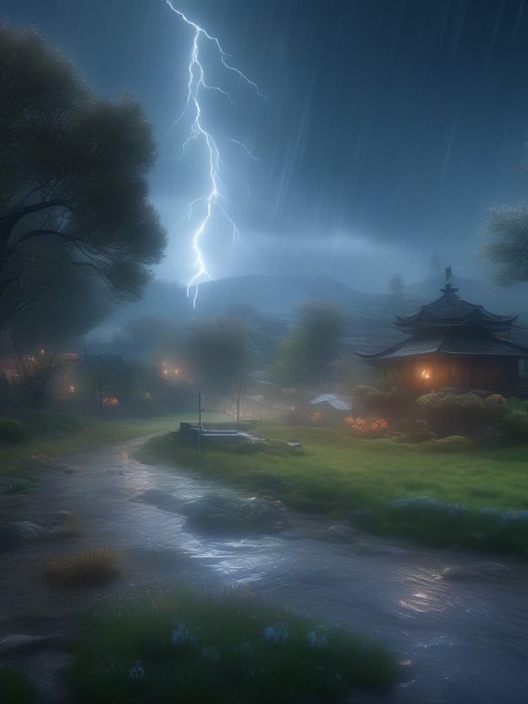  A top quality RPG landscape of a spring rainstorm in 4DCG graphics., masterpiece, best quality,8k,ultra detailed,high resolution,an extremely delicate and beautiful,hyper detail