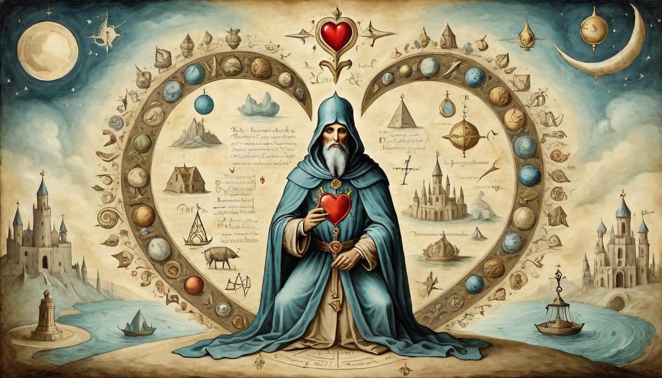  on parchment, surrealism+++, A figure surrounded by luxury symbols, but their heart, depicted as an ethereal light, pulled towards a distant, simple horizon, conflicting ideals, spiritual versus material(mysterious, provocative, symbolic,muted color)+++