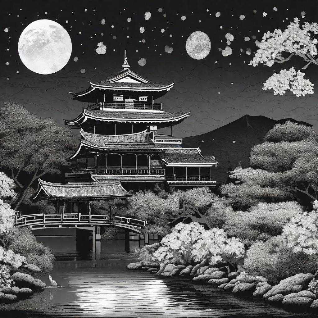  masterpiece, best quality, (Fidelity: 1.4), Best Quality, Masterpiece, Ultra High Resolution, 8k resolution, A night view inspired by Japanese art, featuring a garden illuminated by paper lanterns and a wooden bridge spanning a tranquil lake, by the lakeside, there is a small Zen temple. The water reflects the starry sky. La palabra MEDELLÍN con una tipografía ancha donde se proyecten los edificios de la ciudad en el fondo, a blanco y negro con sombras, que se dibuje la silueta de las montañas