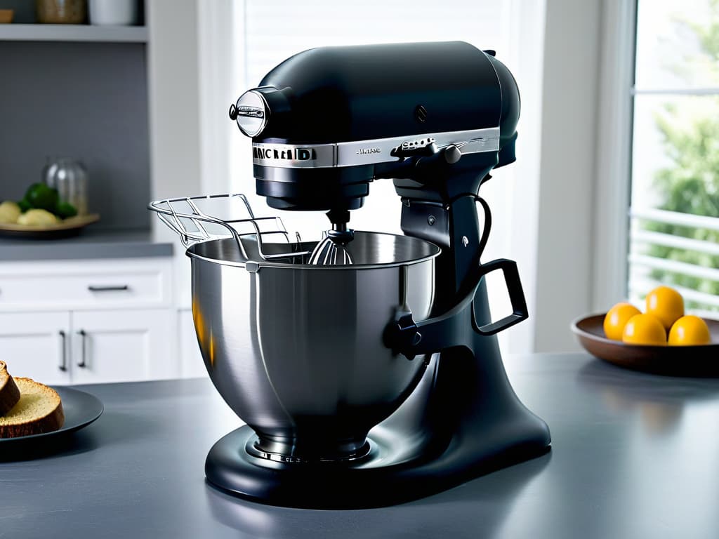  A closeup, highresolution image of a sleek, matte black KitchenAid stand mixer, showcasing its iconic design and innovative features. The image captures the smooth curves and modern details of the mixer, emphasizing its premium quality and sophisticated appeal. The focus is on the mixer's elegant simplicity, with no distractions in the background, highlighting its status as a musthave kitchen appliance for professional pastry chefs. hyperrealistic, full body, detailed clothing, highly detailed, cinematic lighting, stunningly beautiful, intricate, sharp focus, f/1. 8, 85mm, (centered image composition), (professionally color graded), ((bright soft diffused light)), volumetric fog, trending on instagram, trending on tumblr, HDR 4K, 8K