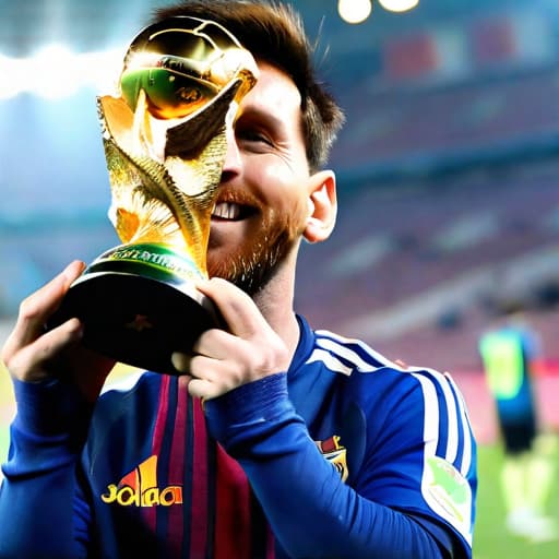  Messi with worldcup trophy in argentina kit, highly detailed, cinematic lighting, stunningly beautiful, intricate, sharp focus, f/1. 8, 85mm, (centered image composition), (professionally color graded), ((bright soft diffused light)), volumetric fog, trending on instagram, trending on tumblr, HDR 4K, 8K
