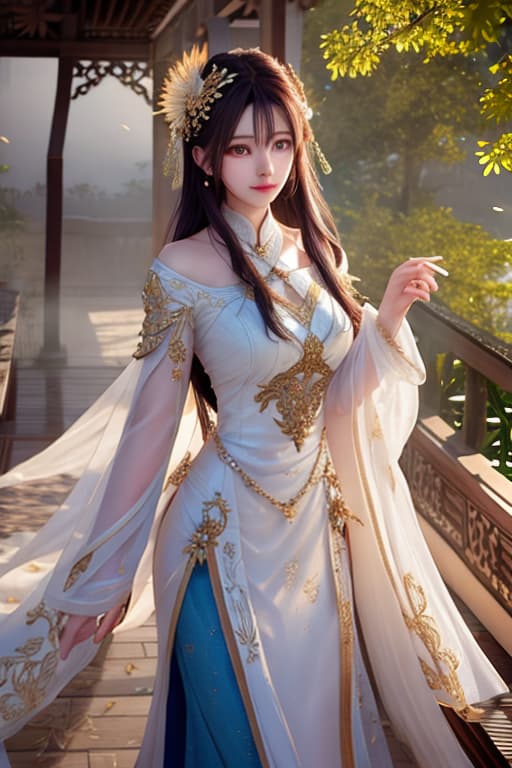  shi's hyperrealistic, full body, detailed clothing, highly detailed, cinematic lighting, stunningly beautiful, intricate, sharp focus, f/1. 8, 85mm, (centered image composition), (professionally color graded), ((bright soft diffused light)), volumetric fog, trending on instagram, trending on tumblr, HDR 4K, 8K