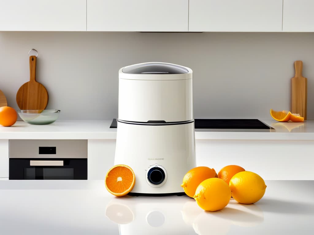  An 8k ultradetailed image of a sleek, modern electric citrus juicer in a pristine white kitchen setting. The juicer is the focal point, featuring a streamlined design with a touch of metallic accents, exuding elegance and sophistication. The background is a soft, neutral palette to enhance the minimalist aesthetic, with subtle lighting highlighting the contours and details of the juicer, creating a visually captivating and aspirational image. hyperrealistic, full body, detailed clothing, highly detailed, cinematic lighting, stunningly beautiful, intricate, sharp focus, f/1. 8, 85mm, (centered image composition), (professionally color graded), ((bright soft diffused light)), volumetric fog, trending on instagram, trending on tumblr, HDR 4K, 8K