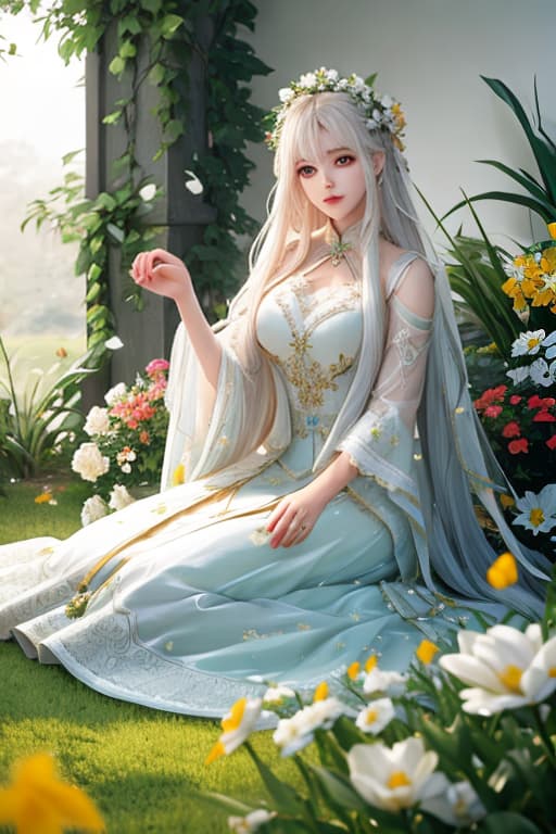  (masterpiece, best quality),1girl with long white hair sitting in a field of green plants and flowers, her hand under her chin, warm lighting, white dress, blurry foreground hyperrealistic, full body, detailed clothing, highly detailed, cinematic lighting, stunningly beautiful, intricate, sharp focus, f/1. 8, 85mm, (centered image composition), (professionally color graded), ((bright soft diffused light)), volumetric fog, trending on instagram, trending on tumblr, HDR 4K, 8K