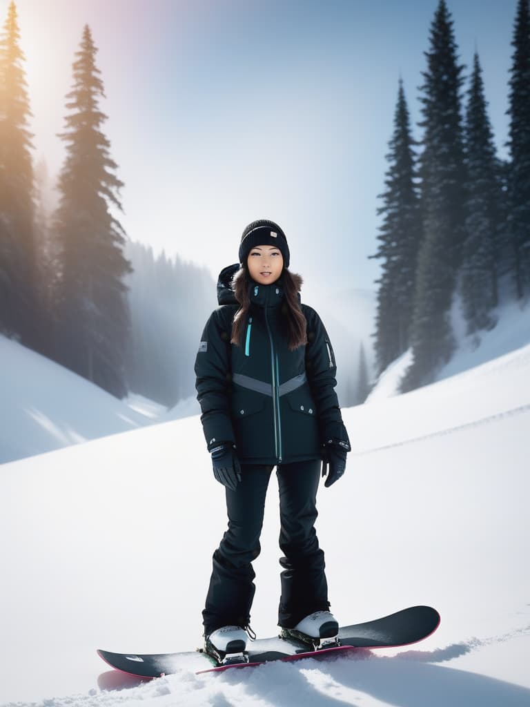  body portrait, Beautiful Asian girl snowboarder in black winter jacket standing in the winter snow, cinematic lighting, stunningly beautiful, intricate, sharp focus, f/1. 8, 85mm, (professionally color graded), ((bright soft diffused light)), volumetric fog, trending on instagram, trending on tumblr, HDR 4K, 8K hyperrealistic, full body, detailed clothing, highly detailed, cinematic lighting, stunningly beautiful, intricate, sharp focus, f/1. 8, 85mm, (centered image composition), (professionally color graded), ((bright soft diffused light)), volumetric fog, trending on instagram, trending on tumblr, HDR 4K, 8K