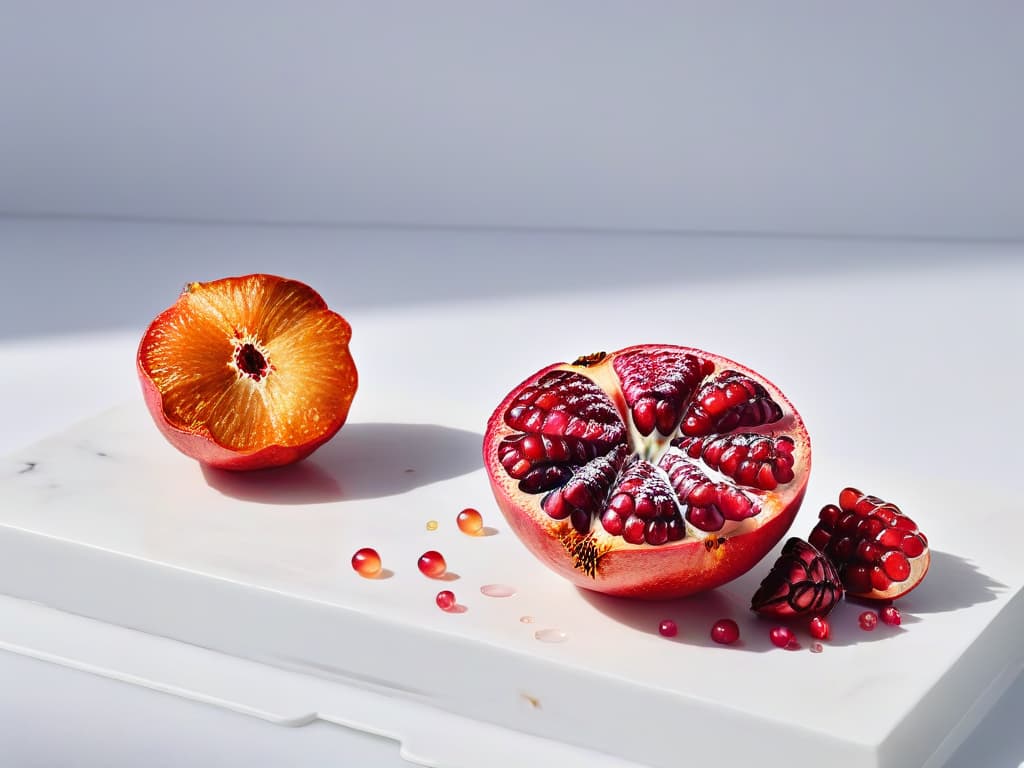  A closeup, ultradetailed image of a ripe, vibrant pomegranate split open to reveal glistening rubyred seeds, arranged neatly on a sleek, white marble surface. The natural light illuminates the seeds, emphasizing their juiciness and freshness, while tiny droplets of juice catch the light, creating a mesmerizing and appetizing scene that symbolizes the essence of using pomegranate in delectable and nutritious desserts. hyperrealistic, full body, detailed clothing, highly detailed, cinematic lighting, stunningly beautiful, intricate, sharp focus, f/1. 8, 85mm, (centered image composition), (professionally color graded), ((bright soft diffused light)), volumetric fog, trending on instagram, trending on tumblr, HDR 4K, 8K