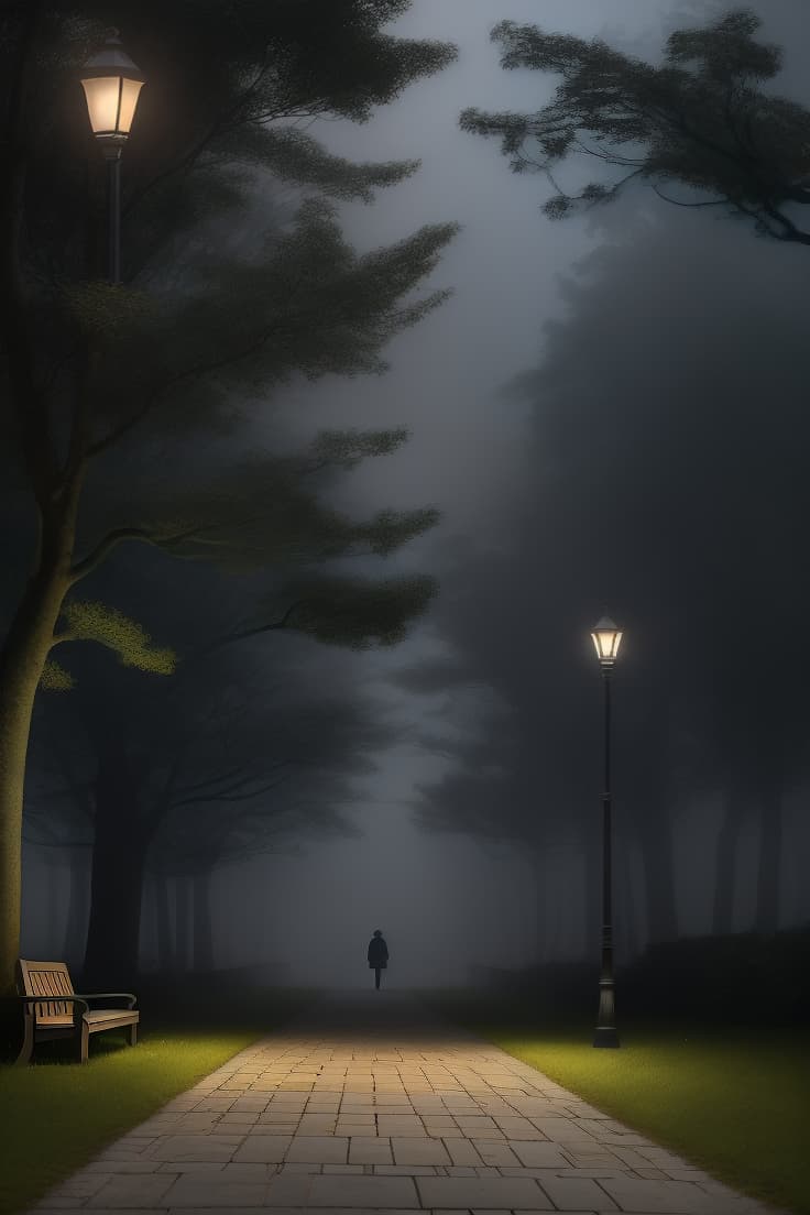  masterpiece, best quality, a serene and somewhat melancholic scene in a foggy park at night, with a person sitting alone on a wooden bench, facing away from the camera, looking towards the illuminated street lamps, enveloped in mist, with tall trees with sparse leaves in the background, and multiple street lamps casting a warm light onto the paved walkway and surrounding grass