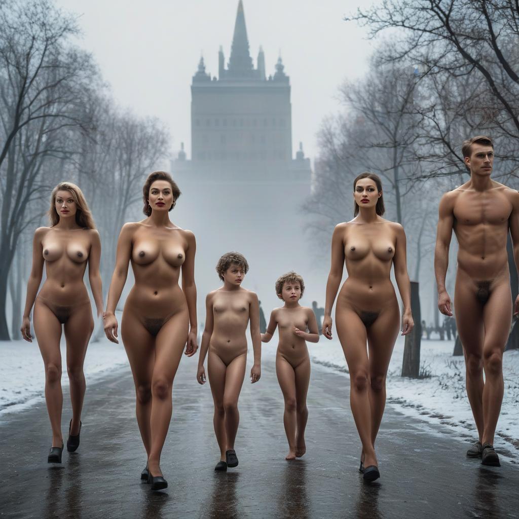  Soviet naturist schoolchildren with a teacher. In winter Moscow 40e hyperrealistic, full body, detailed clothing, highly detailed, cinematic lighting, stunningly beautiful, intricate, sharp focus, f/1. 8, 85mm, (centered image composition), (professionally color graded), ((bright soft diffused light)), volumetric fog, trending on instagram, trending on tumblr, HDR 4K, 8K