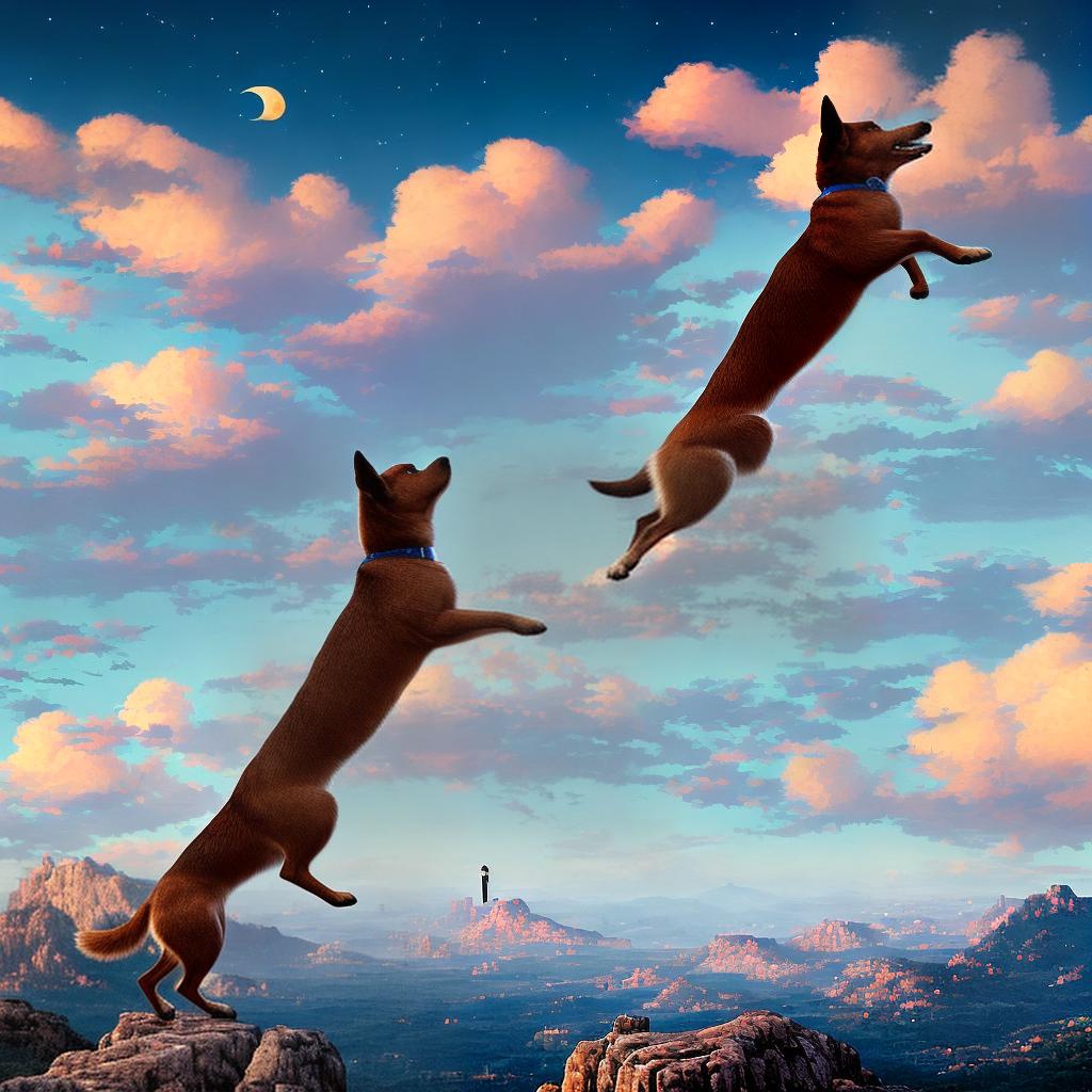  A cartoon-style dog jumping in the air with joy, reaching for the moon, ((masterpiece)), (((best quality))), 8k, high detailed, ultra-detailed, vibrant colors, dynamic motion, whimsical style, artist: @cartoondoglover, website: www.cartoondogart.com, (stars twinkling in the background), (fluffy white clouds), (moonlight illuminating the scene), playful atmosphere hyperrealistic, full body, detailed clothing, highly detailed, cinematic lighting, stunningly beautiful, intricate, sharp focus, f/1. 8, 85mm, (centered image composition), (professionally color graded), ((bright soft diffused light)), volumetric fog, trending on instagram, trending on tumblr, HDR 4K, 8K