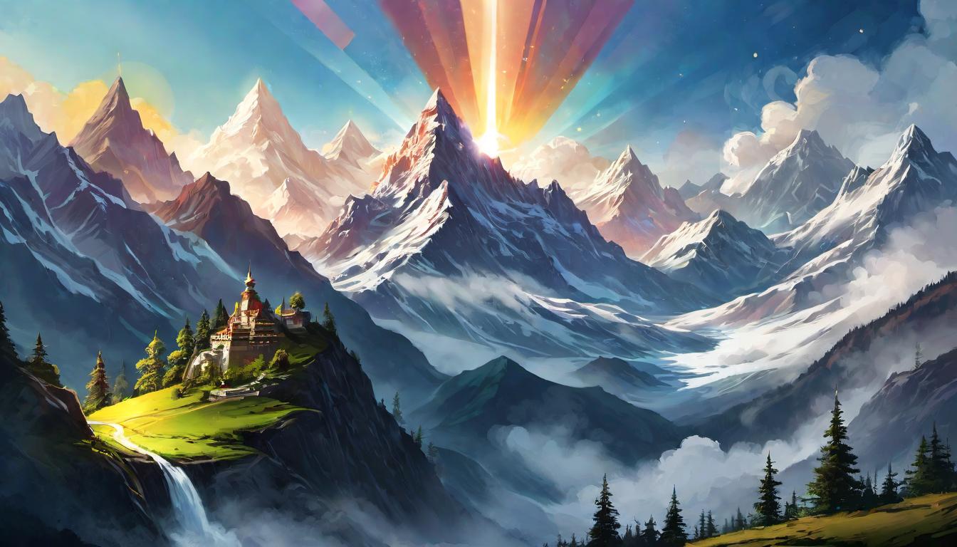  digital illustration, Mountain range with beams of light radiating upward, interconnected peaks, rising collective consciousness, transformation, looking at viewer, dynamic pose, (intricate details, masterpiece, best quality)