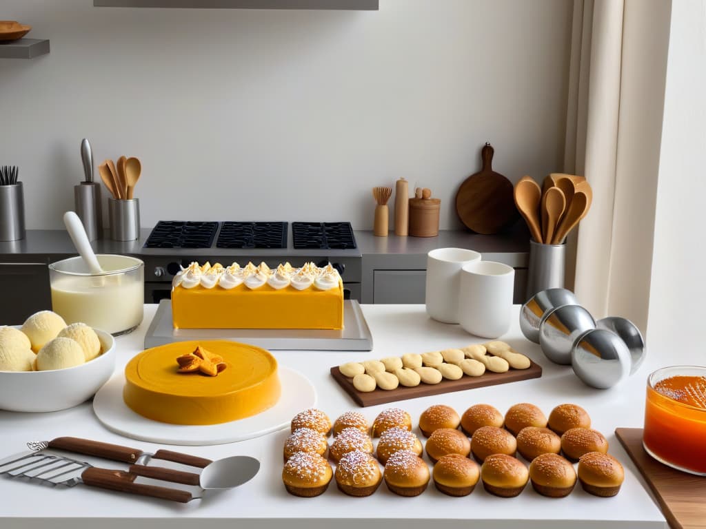  A highresolution image of a pristine white kitchen counter showcasing an array of elegantly designed licensed baking tools and utensils, including branded measuring cups, rolling pins, and cookie cutters neatly arranged in a symmetrical and visually appealing layout. The image captures the essence of precision and professionalism in the art of baking, with soft natural light highlighting the intricate details of the tools, creating a visually inspiring scene that embodies the successful collaboration between merchandising and the world of pastry. hyperrealistic, full body, detailed clothing, highly detailed, cinematic lighting, stunningly beautiful, intricate, sharp focus, f/1. 8, 85mm, (centered image composition), (professionally color graded), ((bright soft diffused light)), volumetric fog, trending on instagram, trending on tumblr, HDR 4K, 8K