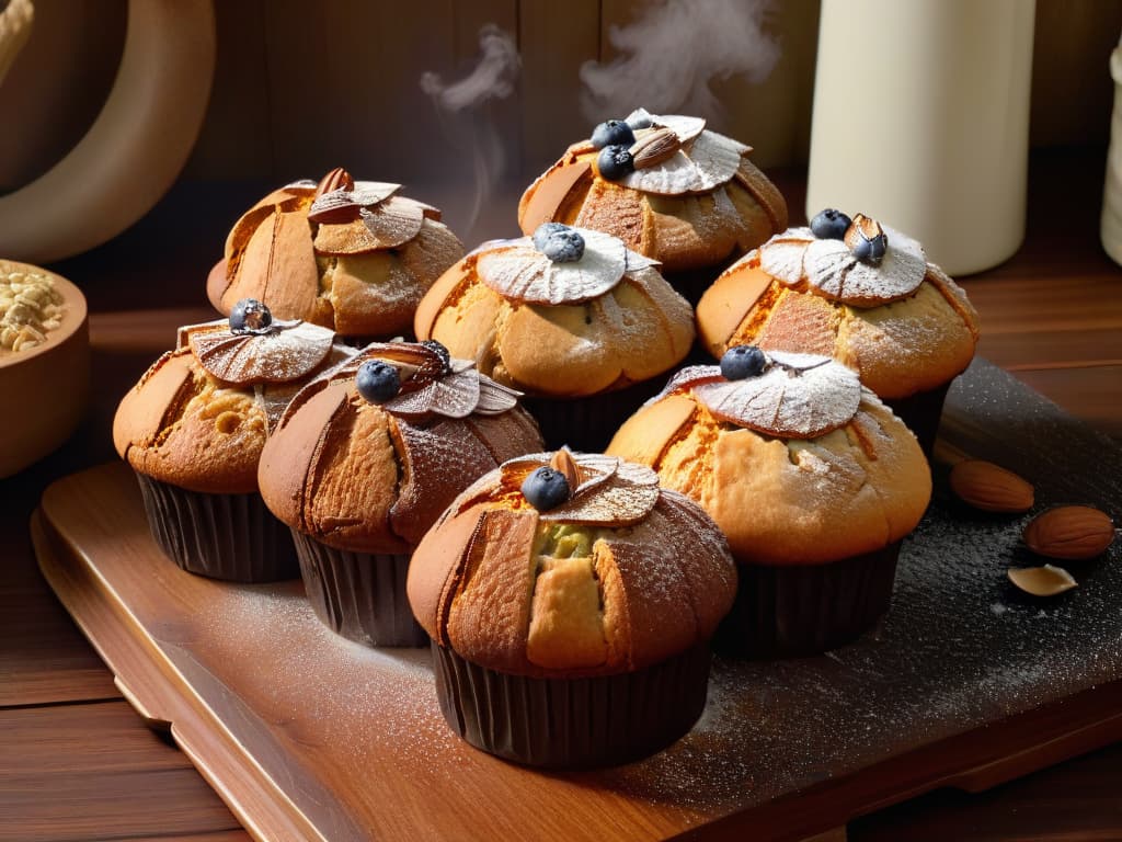  An ultradetailed, photorealistic image of a colorful array of freshly baked, healthy muffins arranged on a rustic wooden platter, with steam rising from them, showcasing their moist texture. The muffins are topped with a variety of nutritious ingredients like nuts, seeds, and dried fruits, with a soft natural light illuminating the scene, highlighting the textures and colors of the muffins. The background is softly blurred to keep the focus on the delicious baked goods, creating an inviting and mouthwatering visual for the audience. hyperrealistic, full body, detailed clothing, highly detailed, cinematic lighting, stunningly beautiful, intricate, sharp focus, f/1. 8, 85mm, (centered image composition), (professionally color graded), ((bright soft diffused light)), volumetric fog, trending on instagram, trending on tumblr, HDR 4K, 8K