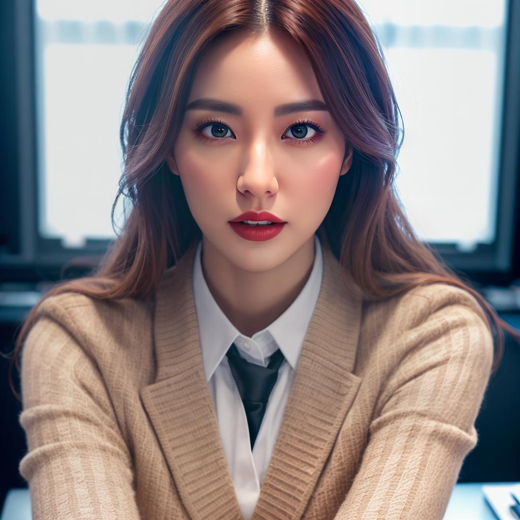  , uniform,Sitting with Up on desk,  hyperrealistic, full body, detailed clothing, highly detailed, cinematic lighting, stunningly beautiful, intricate, sharp focus, f/1. 8, 85mm, (centered image composition), (professionally color graded), ((bright soft diffused light)), volumetric fog, trending on instagram, trending on tumblr, HDR 4K, 8K