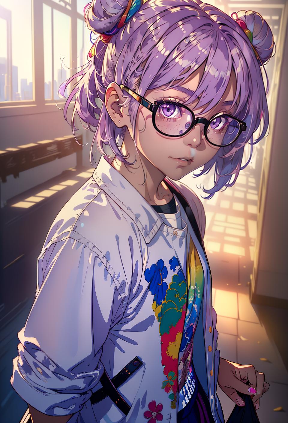  ((trending, highres, masterpiece, cinematic shot)), 1girl, young, female casual wear, ruins scene, short messy light purple hair, hair in Chinese buns,  rainbow-colored eyes, calm personality, mischievous expression, glasses, tanned skin, chaotic, toned