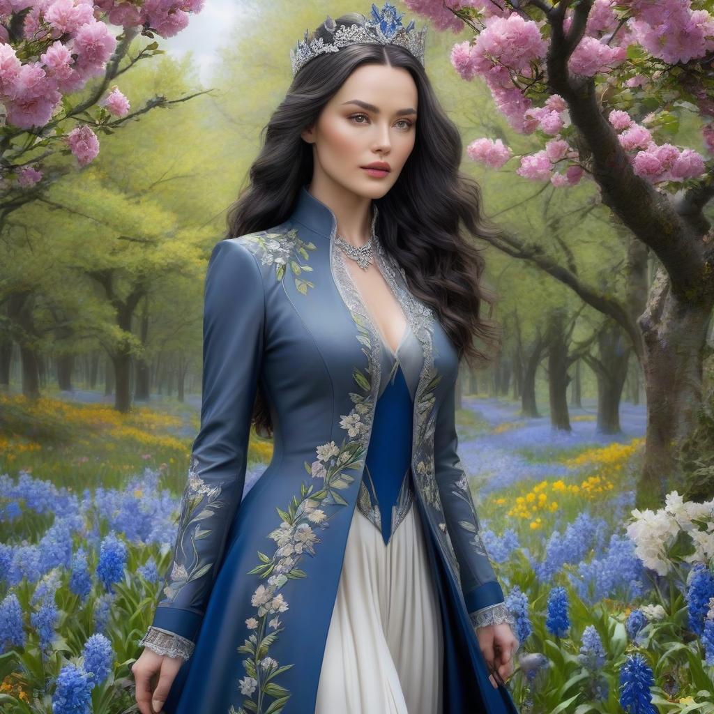  Luthien Tinuviel. A very pretty girl. Grey eyes. Forest, silver crown on her forehead, blue coat. ((Sparkling rim)): spring field, hyacinths, roses, rosehips, rose hips, peonies, cherry tree, yellow, red, black flowers, forget me nots. hyperrealistic, full body, detailed clothing, highly detailed, cinematic lighting, stunningly beautiful, intricate, sharp focus, f/1. 8, 85mm, (centered image composition), (professionally color graded), ((bright soft diffused light)), volumetric fog, trending on instagram, trending on tumblr, HDR 4K, 8K