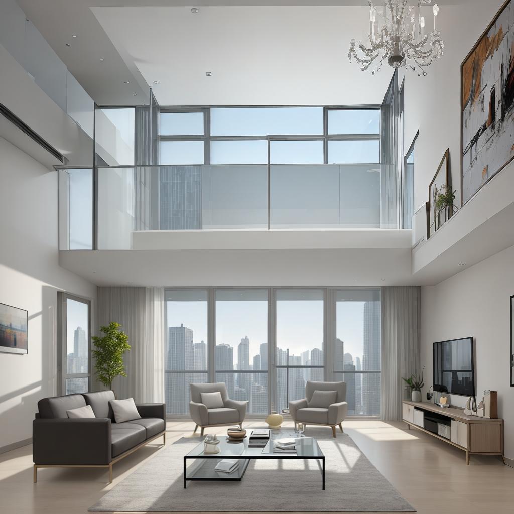  masterpiece, best quality, Best Quality, Masterpiece, 8k resolution,high resolution concept art of an apartment living room with floor to ceiling windows and modern furniture