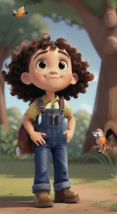  {Riley looking up at the tree with a big smile, animals surrounding them., Riley, a curious with big brown eyes and curly hair, wearing overalls and carrying a small backpack. Their friend, Skye, a bluebird with shiny feathers.