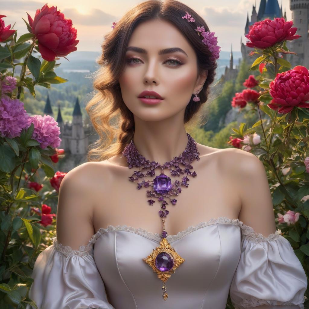  Amethyst in the shape of a star, necklace around the neck of a girl. ((Sparkling rim)): spring field, hyacinths, roses, rosehips, rose hips, peonies, cherry tree, yellow, red, black flowers, forget me nots. Neuschwanstein. hyperrealistic, full body, detailed clothing, highly detailed, cinematic lighting, stunningly beautiful, intricate, sharp focus, f/1. 8, 85mm, (centered image composition), (professionally color graded), ((bright soft diffused light)), volumetric fog, trending on instagram, trending on tumblr, HDR 4K, 8K