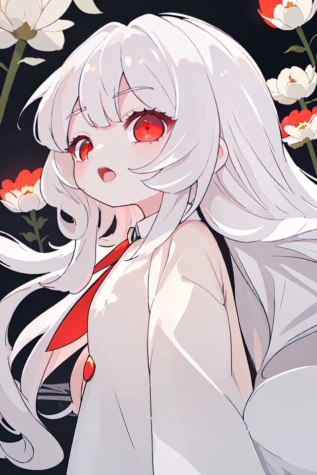  ultra detailed:1.2masterpiece:1.2,best quality,masterpiece,bestquality,hdr:1.1,8k:1.1,very cute girl:1.3,white hair:1.3,very long hair,volume hair:0.7,flare hair,curly hair:1.4,red eyes,bad mood:1.1,sleepy eyes:1.1,dot open mouth:1.3,upper body:1.3,dutch angle,half closed eyes:1.6,upper body:1.1,from side