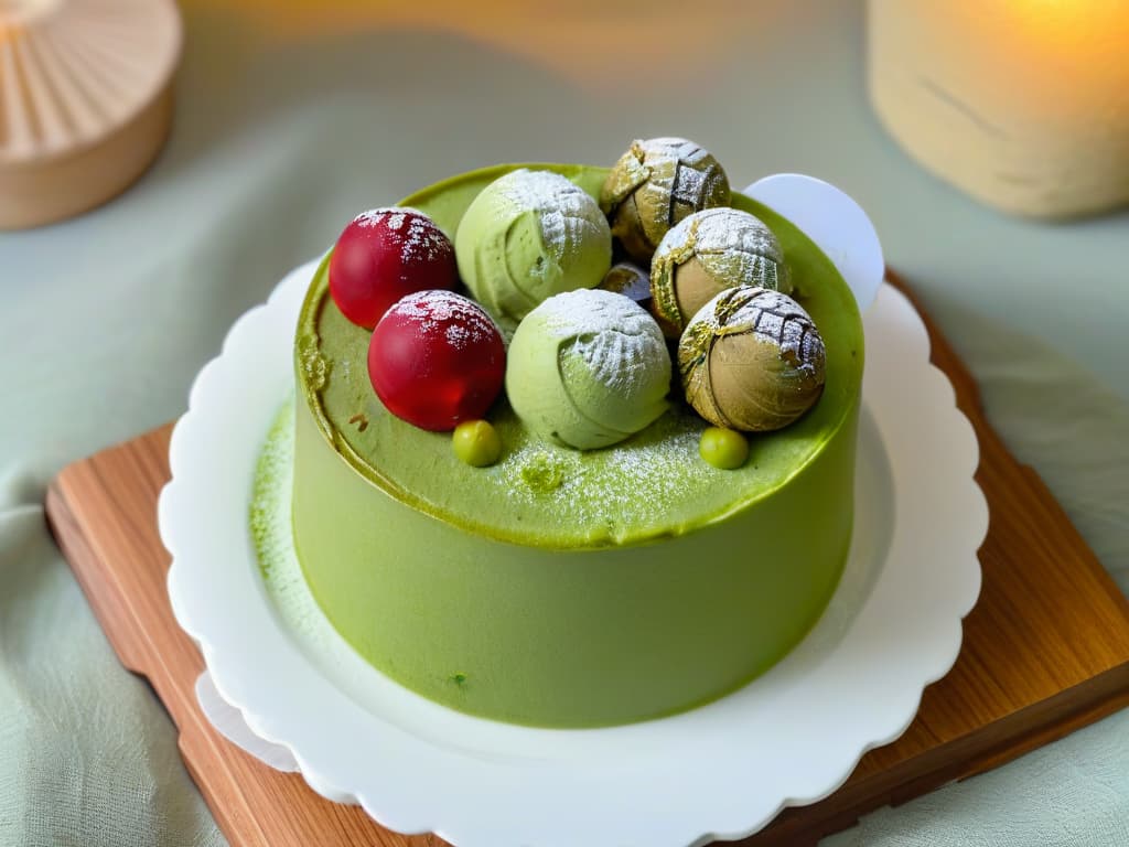  A closeup, ultradetailed image of a delicate, intricately crafted Japanese matcha green tea parfait in a minimalist, modern bowl. The vibrant green matcha ice cream is perfectly layered with red bean paste, chewy mochi balls, and a dusting of matcha powder on top. The soft, natural light highlights the textures and colors of each element, creating a visually stunning and appetizing composition. hyperrealistic, full body, detailed clothing, highly detailed, cinematic lighting, stunningly beautiful, intricate, sharp focus, f/1. 8, 85mm, (centered image composition), (professionally color graded), ((bright soft diffused light)), volumetric fog, trending on instagram, trending on tumblr, HDR 4K, 8K