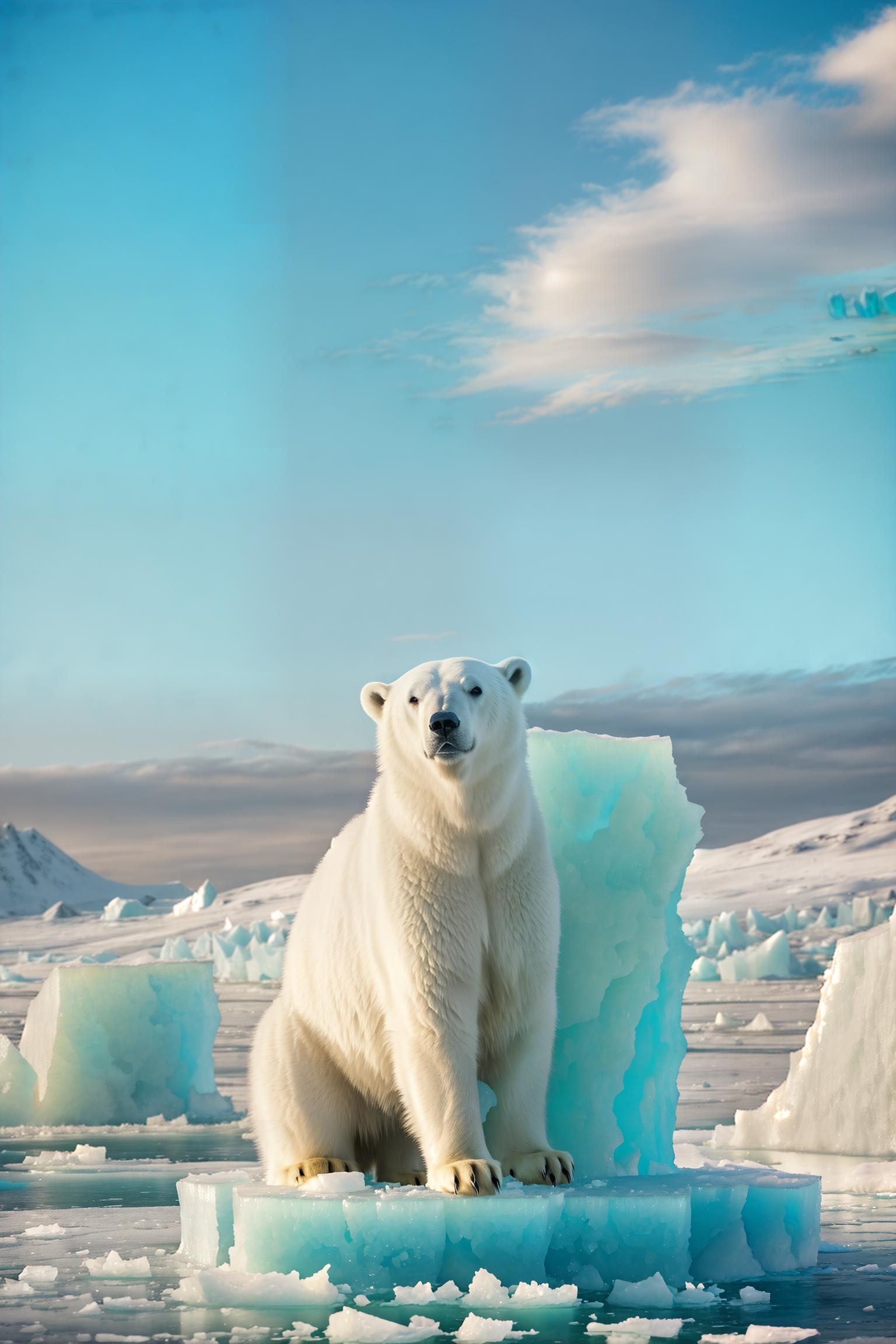  polar bear,(white fur),(large stature),(gentle and friendly eyes),(optimistic demeanor:1.5),(cheerful expression),(joyful posture),(playing),(wearing recycling symbol),(arctic landscape:1),(icebergs),(frozen tundra),(floating ice chunks),(melting glaciers),(biodiversity coexistence:0.7),(penguins:0.5),(seals:0.5), hyperrealistic, full body, detailed clothing, highly detailed, cinematic lighting, stunningly beautiful, intricate, sharp focus, f/1. 8, 85mm, (centered image composition), (professionally color graded), ((bright soft diffused light)), volumetric fog, trending on instagram, trending on tumblr, HDR 4K, 8K