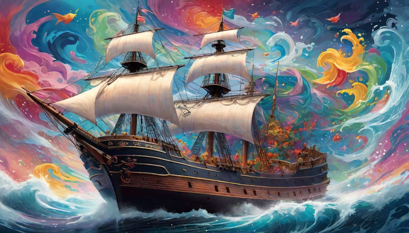  digital illustration, A figure standing at the helm of a ship, surrounded by a swirl of colorful emotions depicted as ethereal wisps, influence radiating, guiding, decisive, looking at viewer, dynamic pose, (intricate details, masterpiece, best quality)