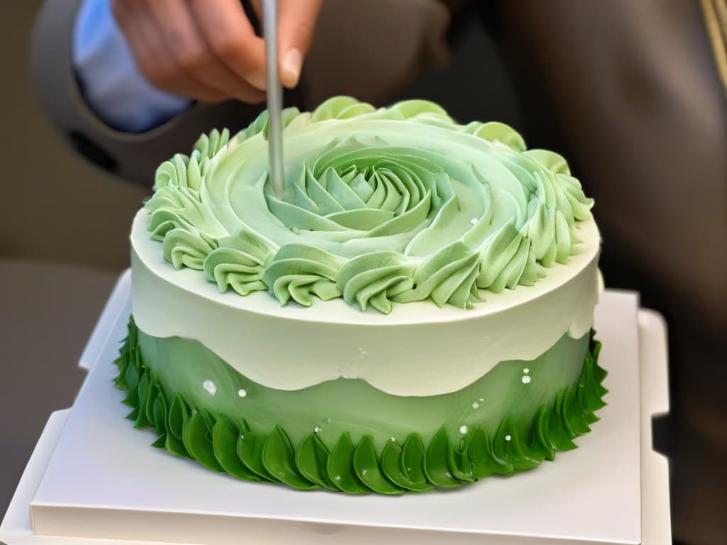  A closeup, ultradetailed image of a hand delicately piping intricate frosting designs onto a beautifully decorated cake, showcasing precision and artistry in pastry decoration. The background is a soft blur, emphasizing the focus on the skilled hands and the art of baking. hyperrealistic, full body, detailed clothing, highly detailed, cinematic lighting, stunningly beautiful, intricate, sharp focus, f/1. 8, 85mm, (centered image composition), (professionally color graded), ((bright soft diffused light)), volumetric fog, trending on instagram, trending on tumblr, HDR 4K, 8K