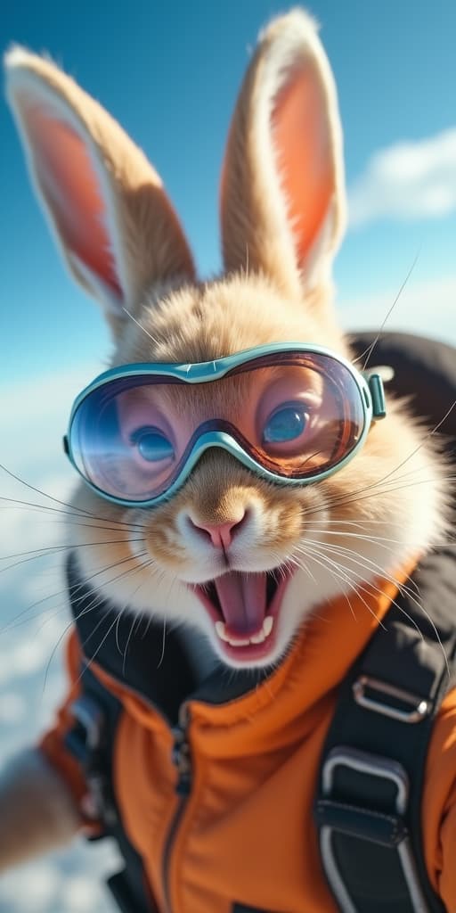  good quality, high quality, a happy bunny in goggles skydives with a big smile.