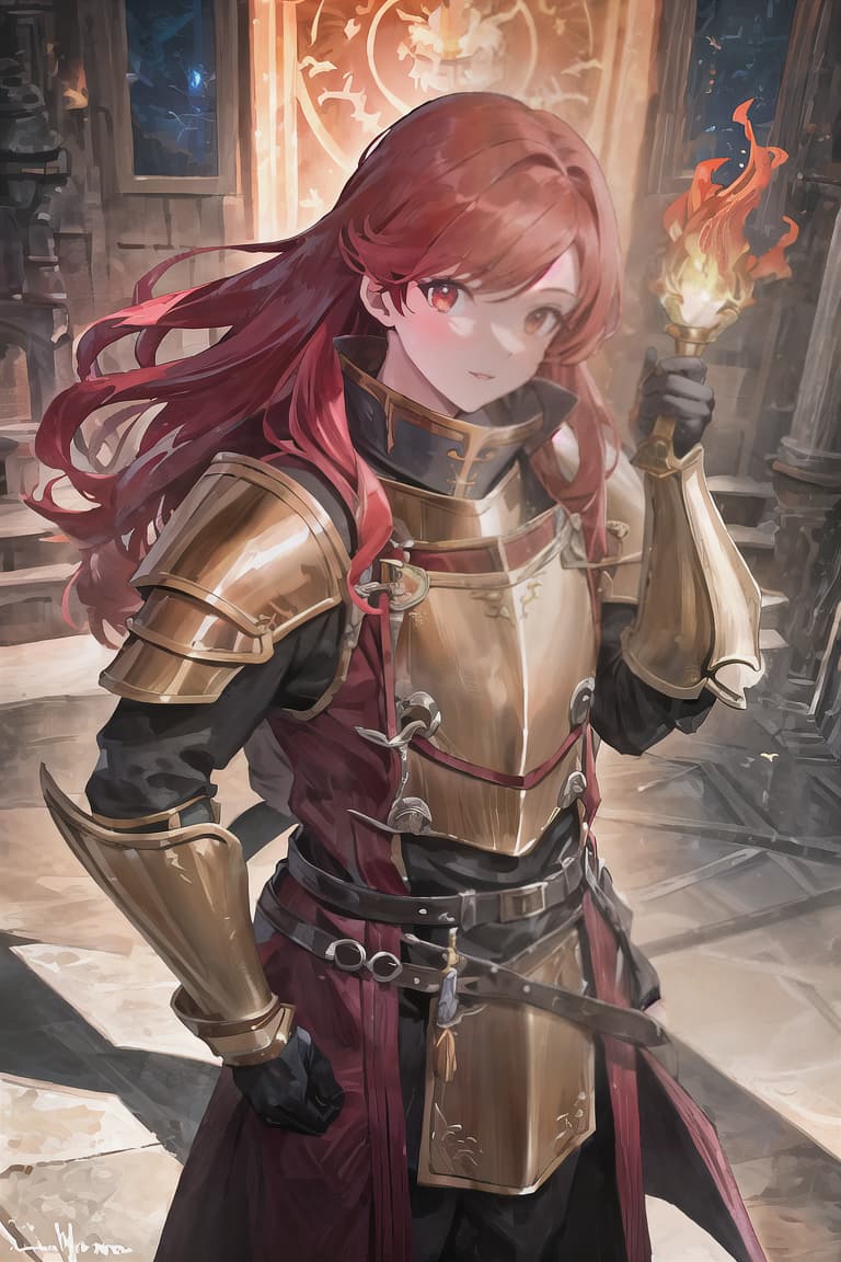  master piece , best quality,Long red hair, adult male, well muscled, mantle made of flames, knight, golden armor