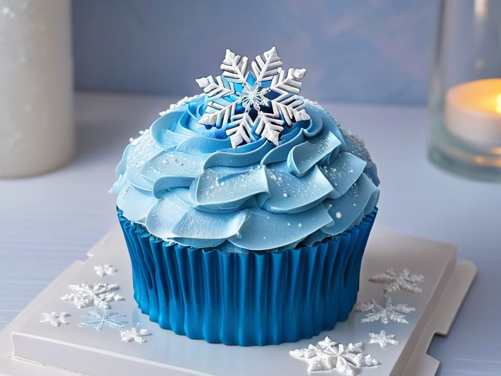  An ultradetailed, photorealistic image of a mesmerizing cupcake decorated with intricate snowflakes and shimmering blue frosting, inspired by Elsa from Disney's Frozen. The cupcake is placed on a crystalclear glass stand, with a frosty winter background of glistening ice crystals and delicate snowfall. Each snowflake on the cupcake is meticulously crafted, resembling Elsa's magical ice powers, creating a truly enchanting and visually captivating scene. hyperrealistic, full body, detailed clothing, highly detailed, cinematic lighting, stunningly beautiful, intricate, sharp focus, f/1. 8, 85mm, (centered image composition), (professionally color graded), ((bright soft diffused light)), volumetric fog, trending on instagram, trending on tumblr, HDR 4K, 8K