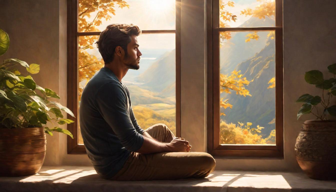  digital illustration, A person reflecting on life experiences, sitting by a window, warm sunlight, thoughtful expression, evolutionary path, growth insight, looking at viewer, dynamic pose, (intricate details, masterpiece, best quality)