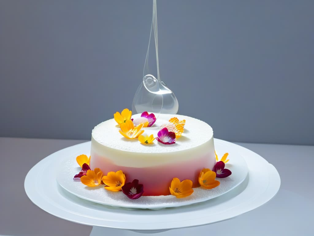  A minimalist image of a gravitydefying dessert composed of layers of delicate, transparent gelatin in various pastel colors, suspended in midair above a sleek, modern plate. The dessert is adorned with vibrant edible flowers and glistening sugar crystals, casting a soft, ethereal glow against a dark background, emphasizing its whimsical and captivating presentation. hyperrealistic, full body, detailed clothing, highly detailed, cinematic lighting, stunningly beautiful, intricate, sharp focus, f/1. 8, 85mm, (centered image composition), (professionally color graded), ((bright soft diffused light)), volumetric fog, trending on instagram, trending on tumblr, HDR 4K, 8K