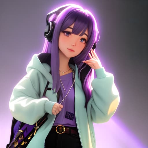  Cute brown haired wolf girl, wearing a purple and blue hoodie, eye color a light shade of purple, hair covering right eye, purple and blue hair highlights, has black purple and blue headphones, black jeans, waving at the camera, wearing a small moon neckless, galaxy background. Apply the Following Styles Anime hyperrealistic, full body, detailed clothing, highly detailed, cinematic lighting, stunningly beautiful, intricate, sharp focus, f/1. 8, 85mm, (centered image composition), (professionally color graded), ((bright soft diffused light)), volumetric fog, trending on instagram, trending on tumblr, HDR 4K, 8K