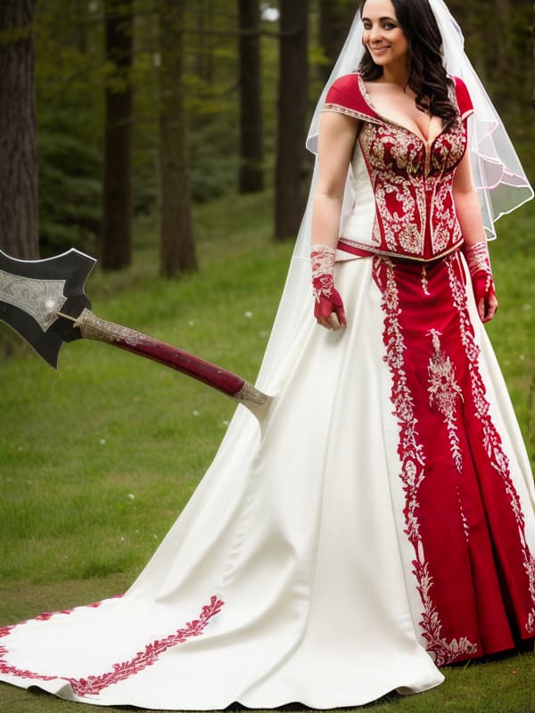  a bride wearing a bloodstained wedding dress while holding an axe