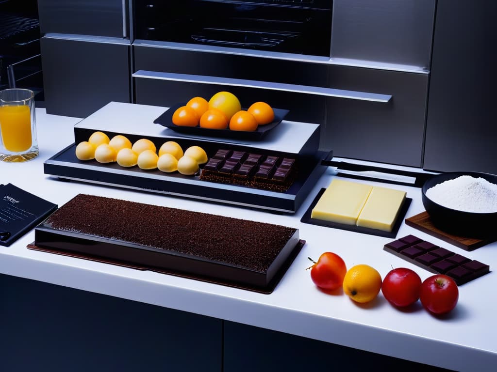  A highresolution, minimalist image of a sleek, modern kitchen counter showcasing an array of advanced pastry tools and ingredients neatly arranged. From precision scales and piping bags to gourmet chocolate bars and vibrant fruits, every element is meticulously placed, exuding an air of sophistication and mastery in the art of advanced pastry making. The lighting is soft yet highlights the textures and colors of the items, inviting the viewer to explore the world of intricate dessert creation through the lens of elegant simplicity. hyperrealistic, full body, detailed clothing, highly detailed, cinematic lighting, stunningly beautiful, intricate, sharp focus, f/1. 8, 85mm, (centered image composition), (professionally color graded), ((bright soft diffused light)), volumetric fog, trending on instagram, trending on tumblr, HDR 4K, 8K