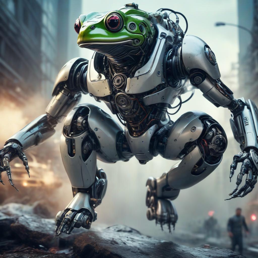  cybernetic robot A jumping frog . in the style of expressive painting . android, AI, machine, metal, wires, tech, futuristic, highly detailed hyperrealistic, full body, detailed clothing, highly detailed, cinematic lighting, stunningly beautiful, intricate, sharp focus, f/1. 8, 85mm, (centered image composition), (professionally color graded), ((bright soft diffused light)), volumetric fog, trending on instagram, trending on tumblr, HDR 4K, 8K