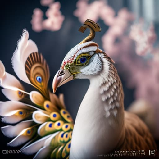 estilovintedois white peacock hyperrealistic, full body, detailed clothing, highly detailed, cinematic lighting, stunningly beautiful, intricate, sharp focus, f/1. 8, 85mm, (centered image composition), (professionally color graded), ((bright soft diffused light)), volumetric fog, trending on instagram, trending on tumblr, HDR 4K, 8K