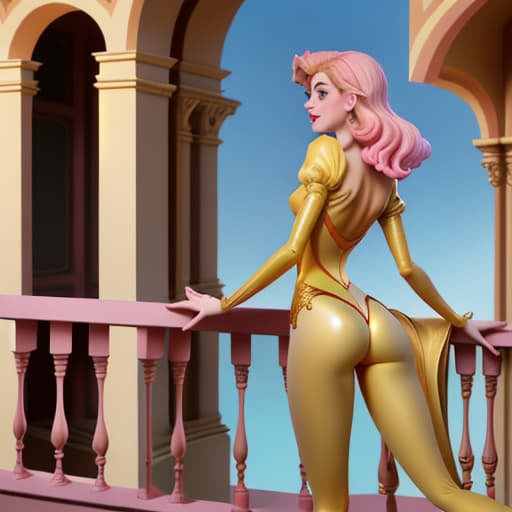  Anne Hathaway as Disney-like with amazing figures in bodytight,glittering,pink-yellow skinny short silk seen from the back showing some , deep over balcony of her palace